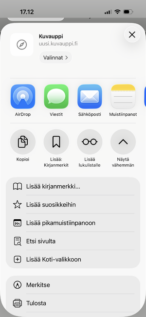 iPhone: Safarin Jaa-valikko